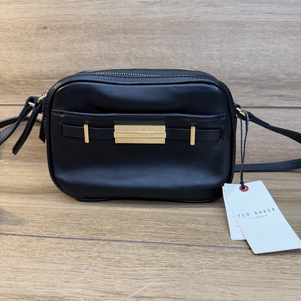 Ted  Baker London Black Leather Camera Crossbody Bag with Gold Accents NWT